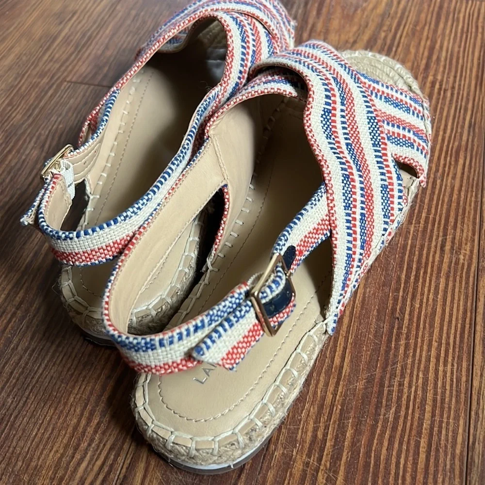Land’s End Textile Espadrille Cross Strap Sandal Size 9B Women’s Red/blue EUC